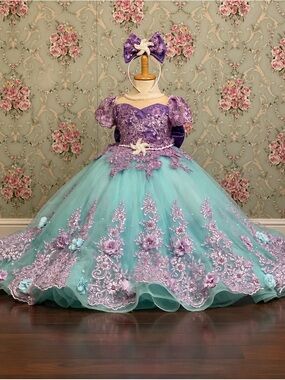 Lilac & Mint Embroidered Flower Tulle Ball Gown Dress for Girls